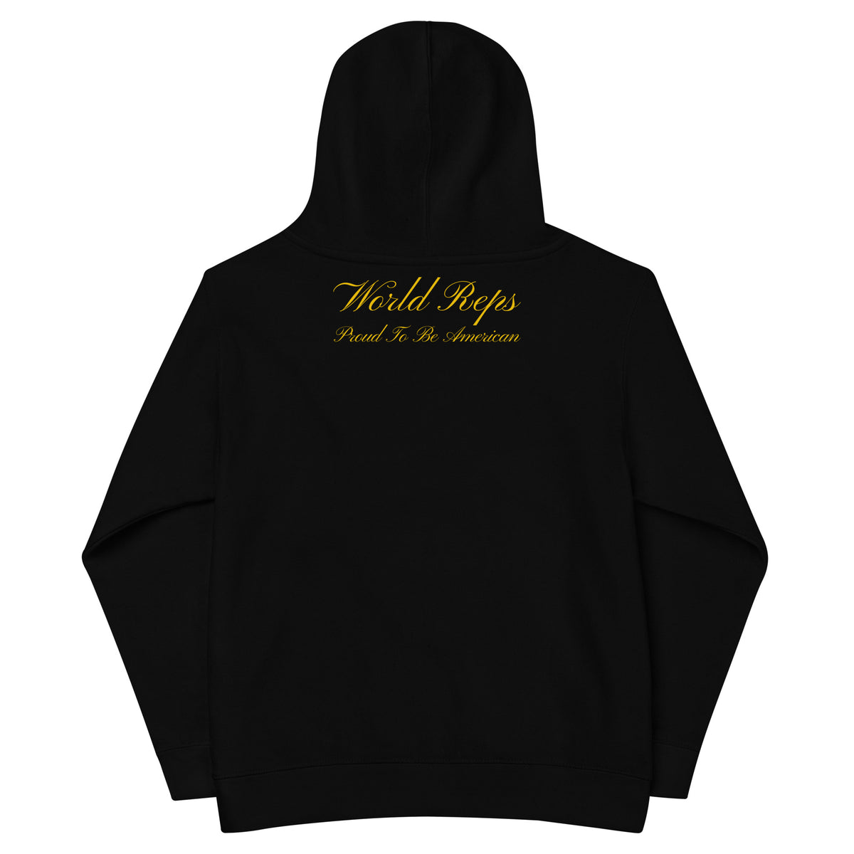 USA Patriot kids fleece hoodie in black, back view — World Reps Apparel
