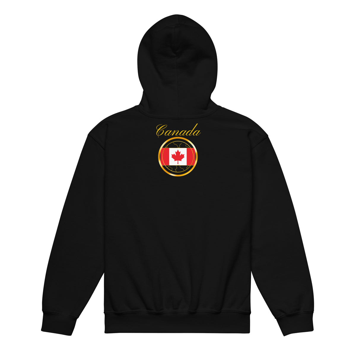 Canada Trinity kids pullover hoodie in black, back view — World Reps Apparel