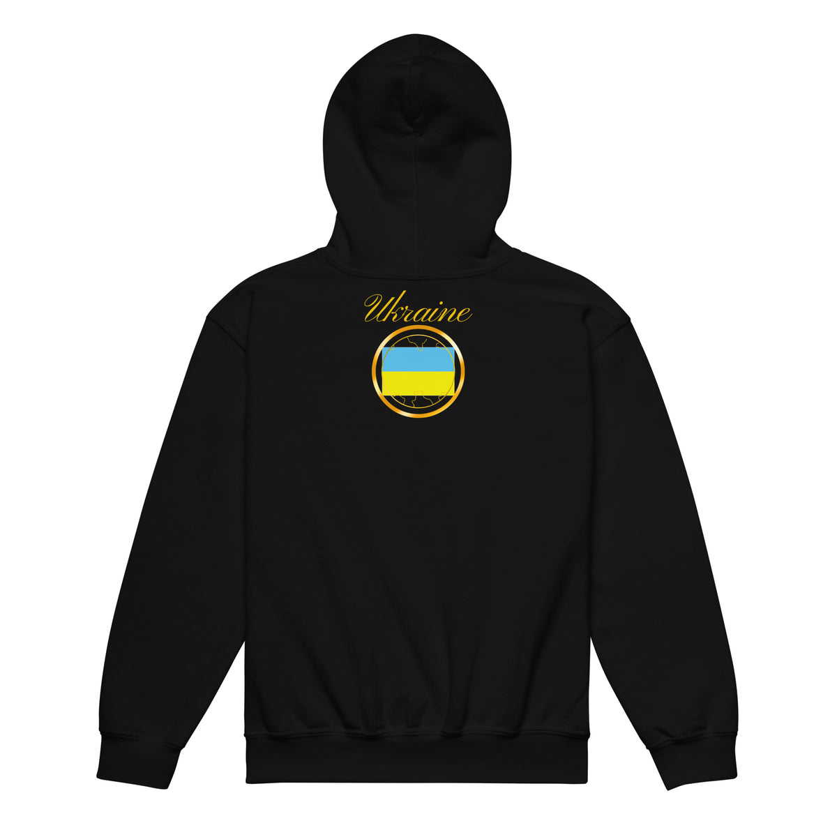 Ukraine Trinity kids pullover hoodie in black, back view — World Reps Apparel
