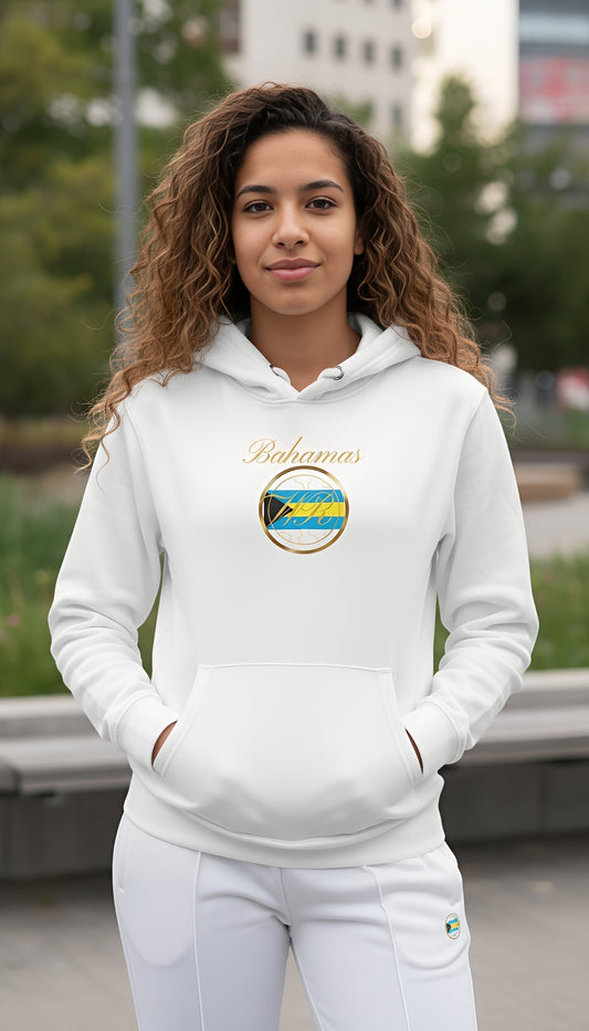 Woman wearing a white Bahamas flag hoodie by World Reps Apparel at Toronto Caribbean Carnival