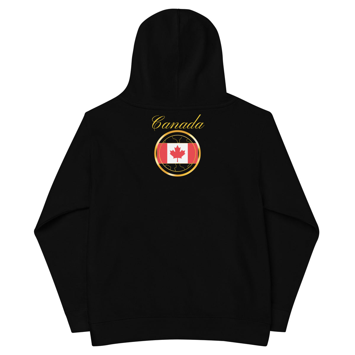Canada Trinity kids fleece hoodie in black, back view — World Reps Apparel