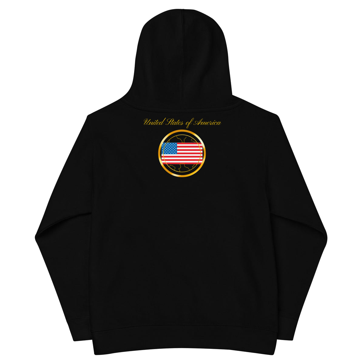 USA Trinity kids fleece hoodie in black, back view — World Reps Apparel