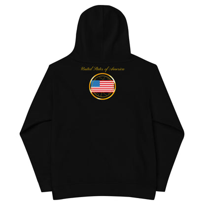 USA Trinity kids fleece hoodie in black, back view — World Reps Apparel