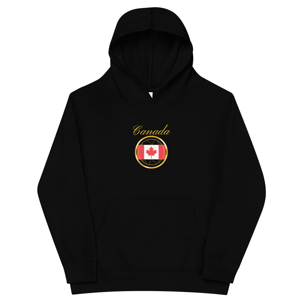 Canada Patriot kids fleece hoodie in black, front view — World Reps Apparel