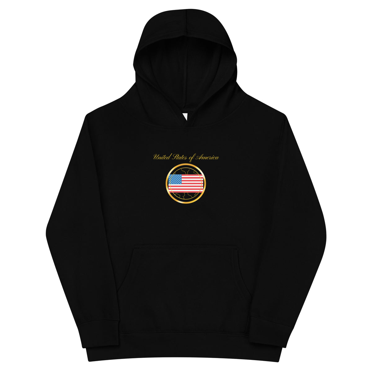 USA Unity kids fleece hoodie in black, front view — World Reps Apparel
