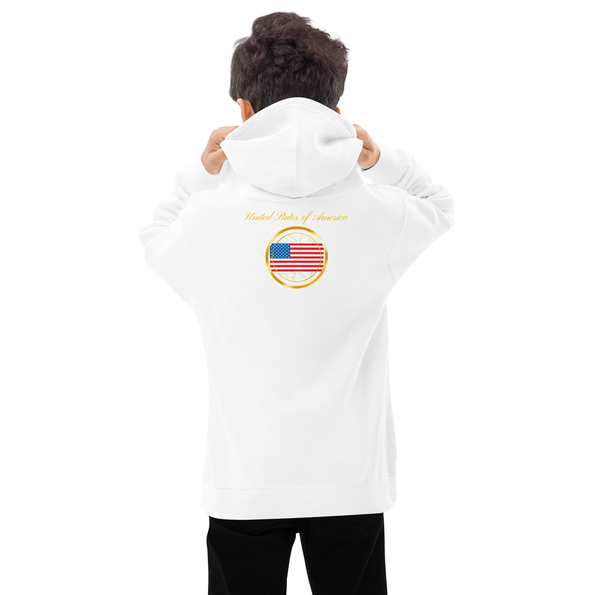 USA Trinity kids fleece hoodie in white, back view — World Reps Apparel