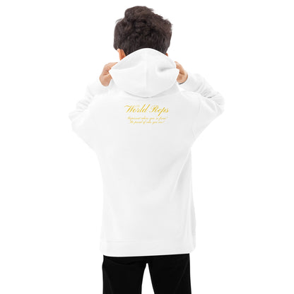 World Reps Trinity kids fleece hoodie in white, back view — World Reps Apparel