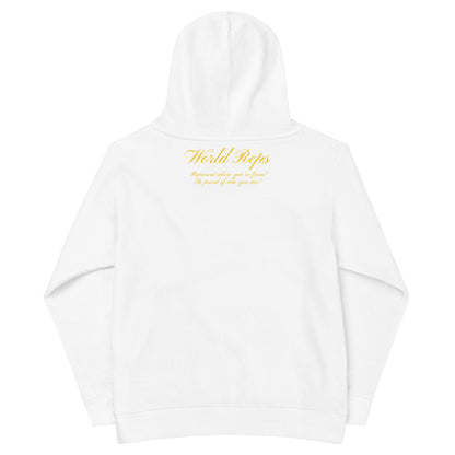 World Reps Trinity kids fleece hoodie in white, back view, second image — World Reps Apparel