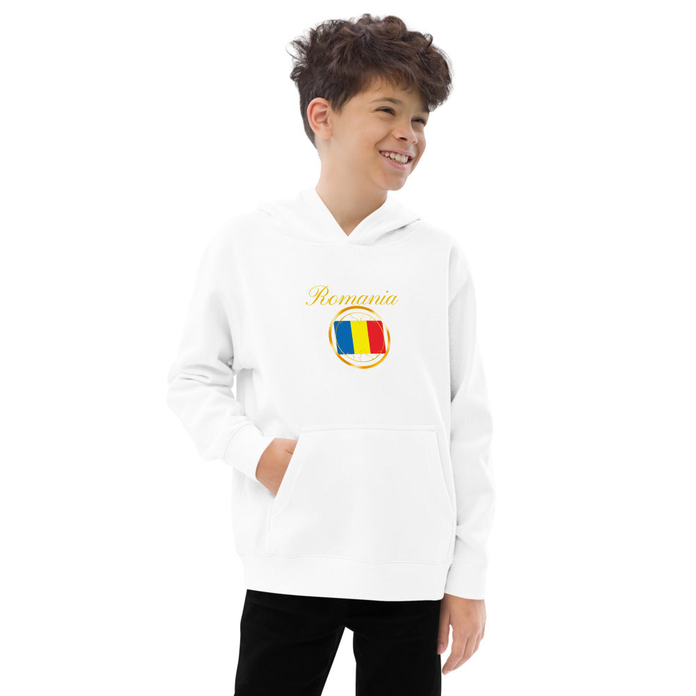 Romania Patriot kids fleece hoodie in white, front view — World Reps Apparel