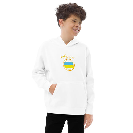 Ukraine Unity kids fleece hoodie in white, front view — World Reps Apparel