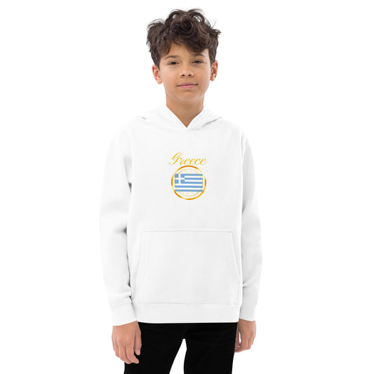 Greece Unity kids fleece hoodie in white, front view — World Reps Apparel