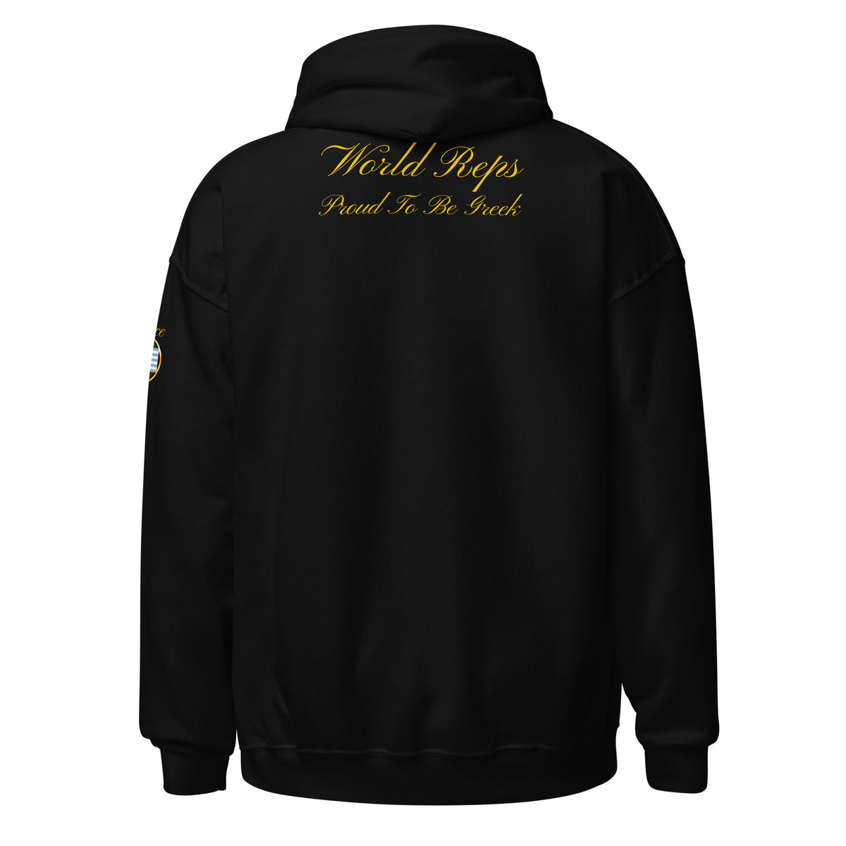 Greece Legacy unisex pullover hoodie in black, back view — World Reps Apparel