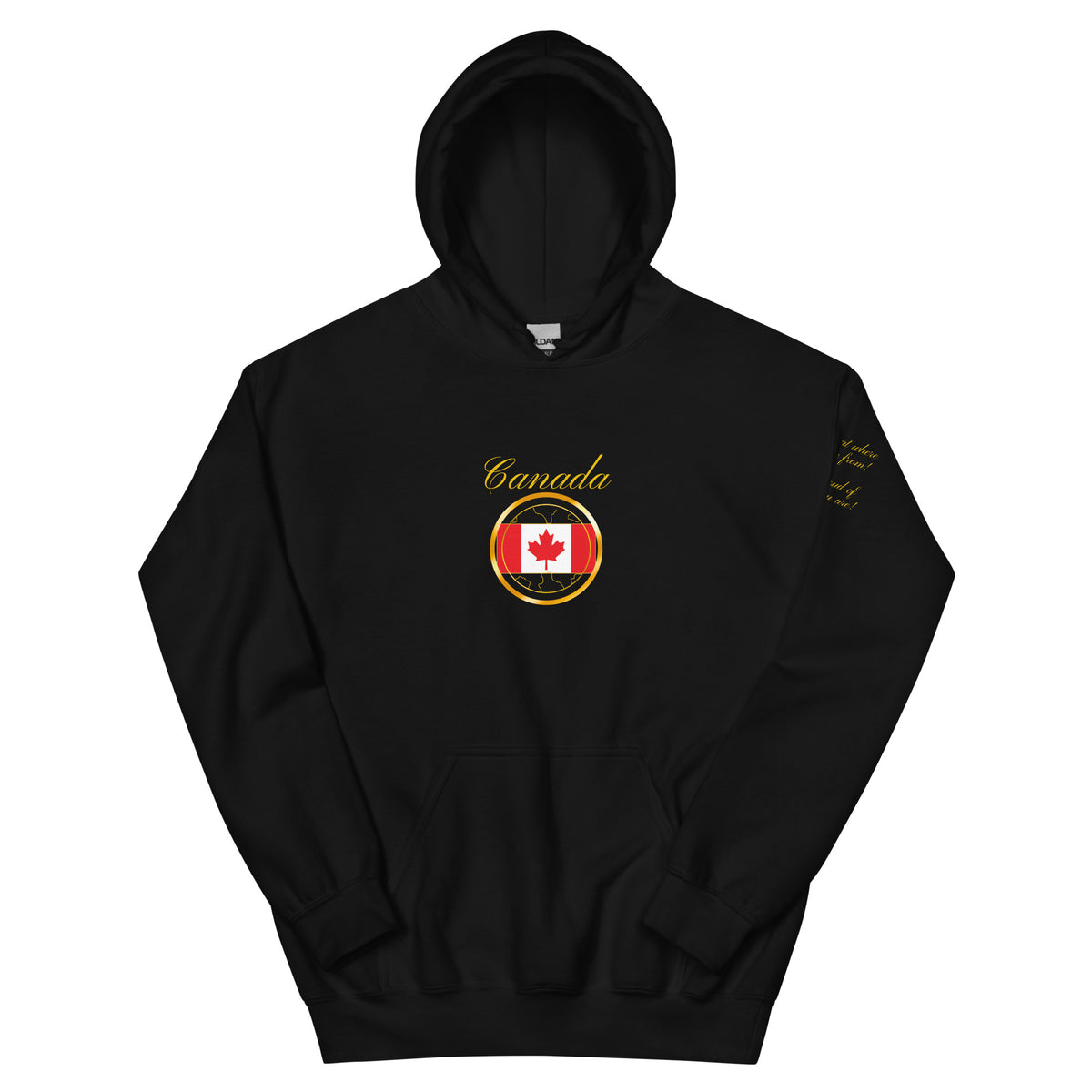 Canada Patriot unisex pullover hoodie in black, front view — World Reps Apparel