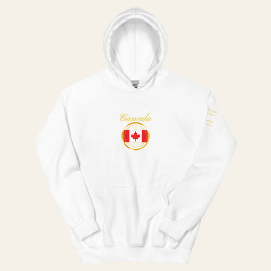 Canada Patriot unisex pullover hoodie in white, front view — World Reps Apparel