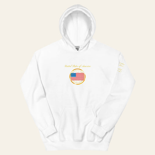 USA Patriot unisex pullover hoodie in white, front view — World Reps Apparel