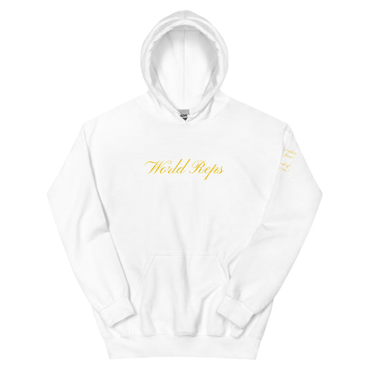 World Reps Legacy unisex pullover hoodie in white, front view — World Reps Apparel