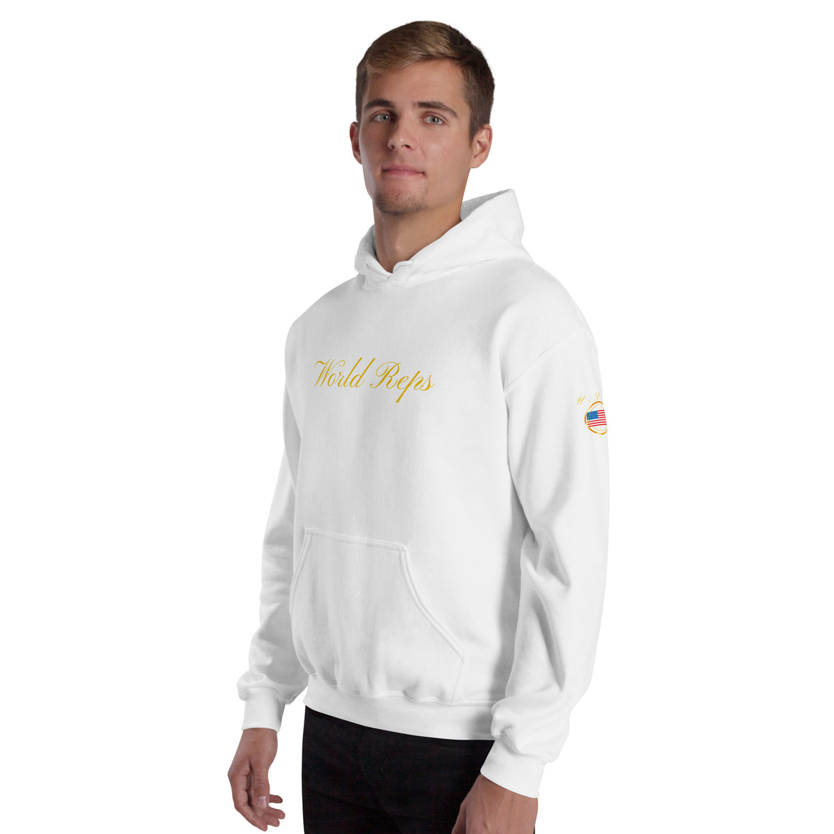 USA Legacy unisex pullover hoodie in white, front left three-quarter view — World Reps Apparel