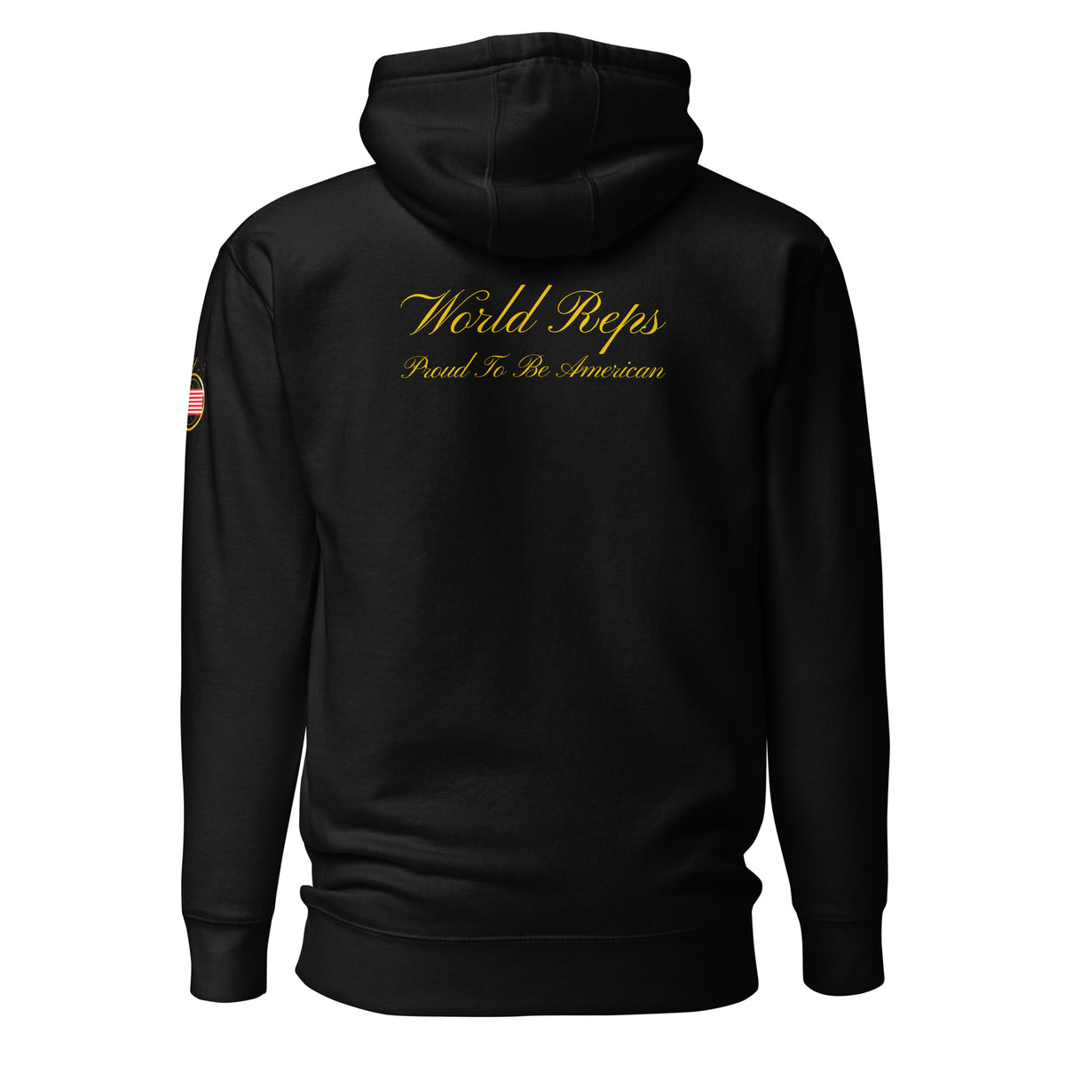 USA Legacy unisex fitted pullover hoodie in black, back view — World Reps Apparel