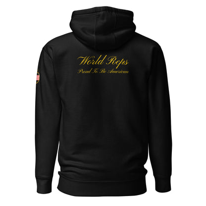 USA Legacy unisex fitted pullover hoodie in black, back view — World Reps Apparel