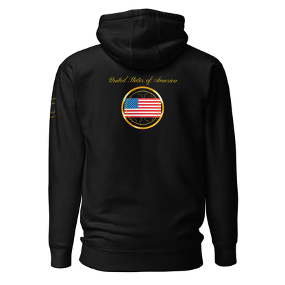 USA Trinity unisex fitted pullover hoodie in black, back view — World Reps Apparel