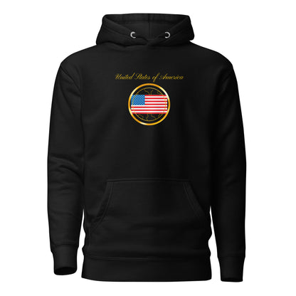 USA Unity unisex fitted pullover hoodie in black, front view — World Reps Apparel