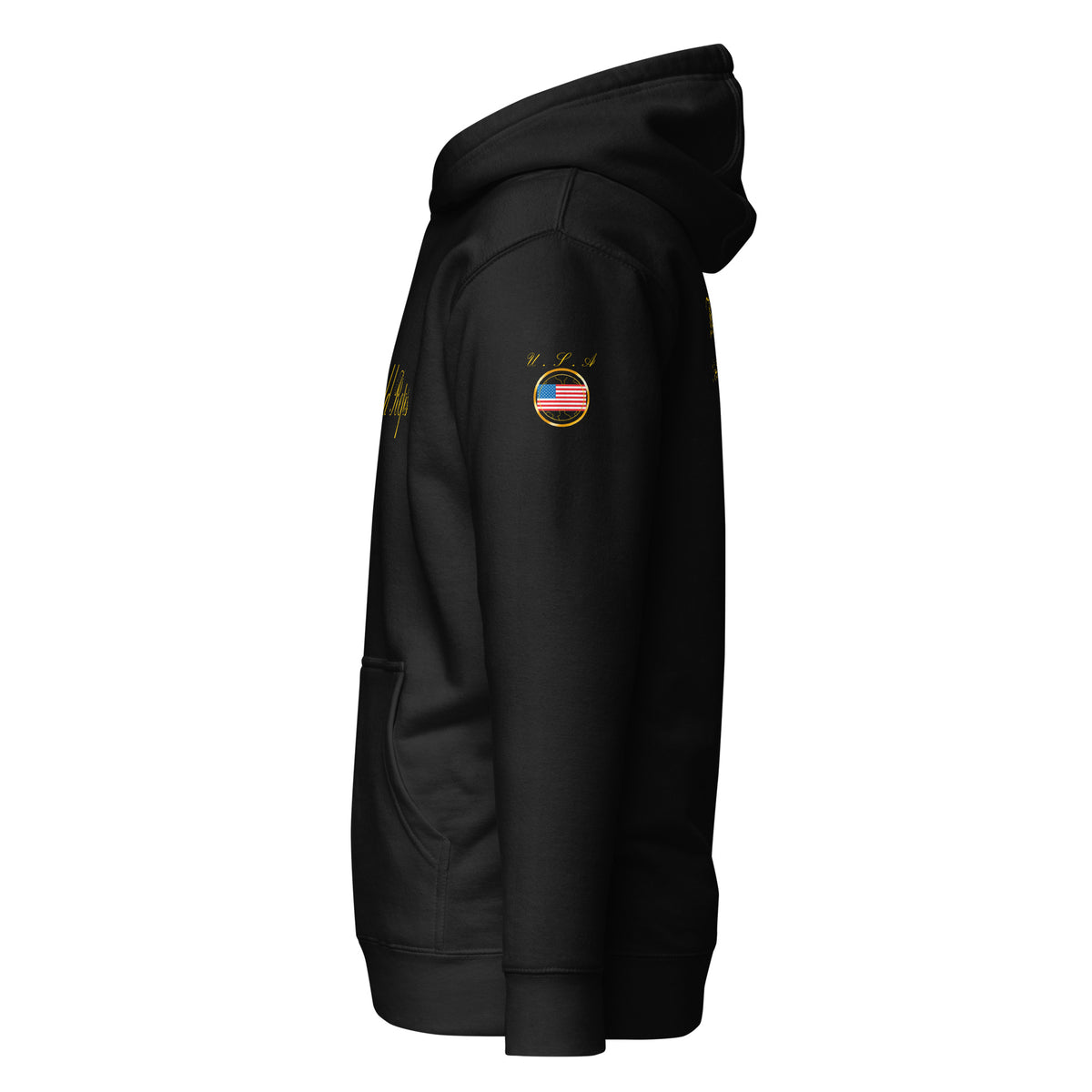 USA Legacy unisex fitted pullover hoodie in black, left side view — World Reps Apparel