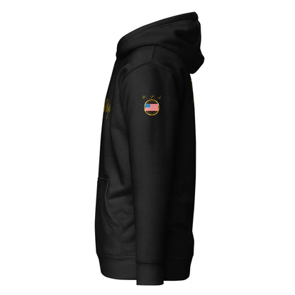 USA Legacy unisex fitted pullover hoodie in black, left side view — World Reps Apparel