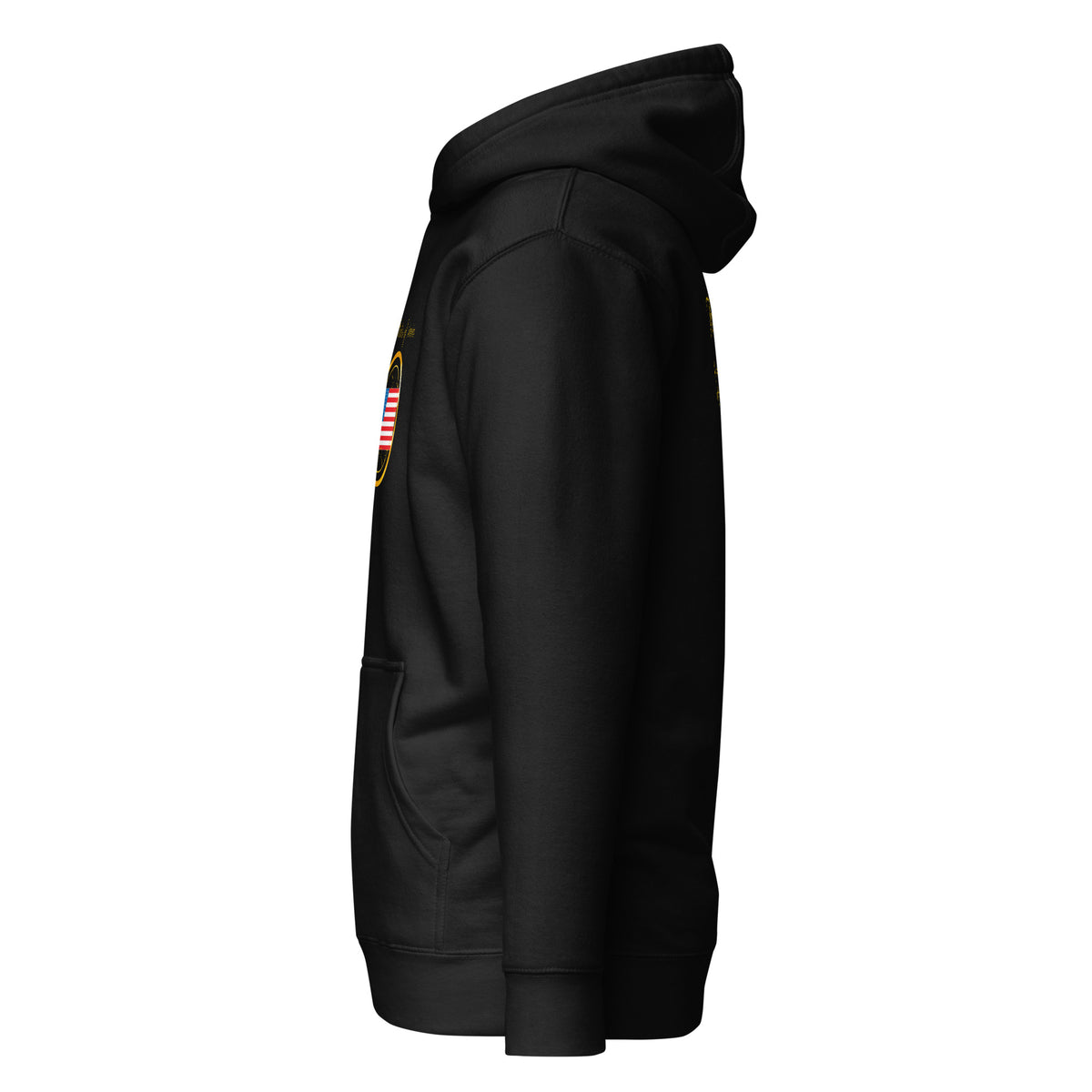 USA Unity unisex fitted pullover hoodie in black, left side view — World Reps Apparel