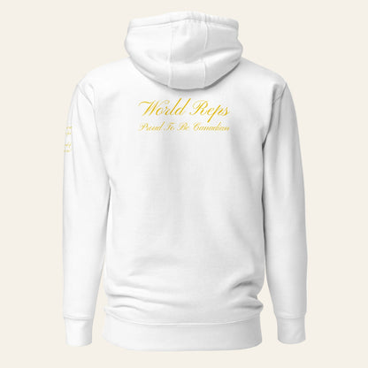 Canada Patriot unisex fitted pullover hoodie in white, back view — World Reps Apparel