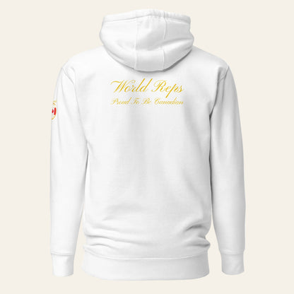Canada Legacy unisex fitted pullover hoodie in white, back view — World Reps Apparel