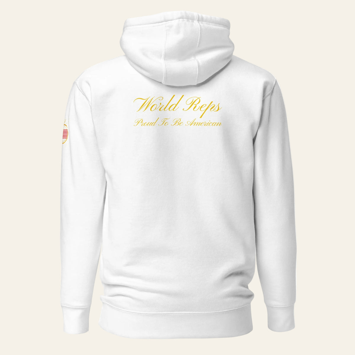 USA Legacy unisex fitted pullover hoodie in white, back view — World Reps Apparel
