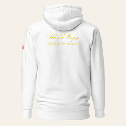 USA Legacy unisex fitted pullover hoodie in white, back view — World Reps Apparel