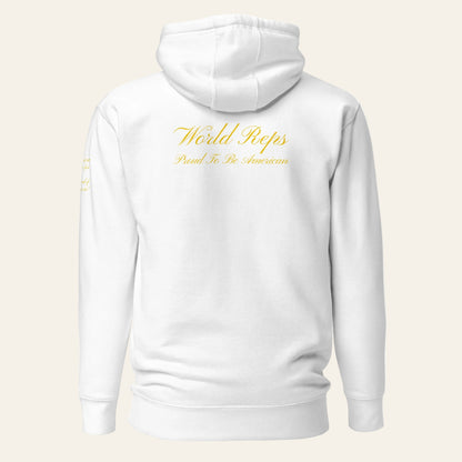 USA Patriot unisex fitted pullover hoodie in white, back view — World Reps Apparel