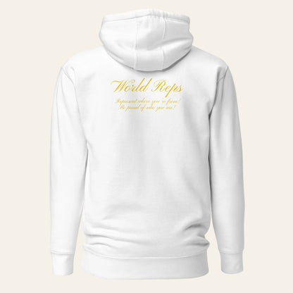 USA Unity unisex fitted pullover hoodie in white, back view — World Reps Apparel