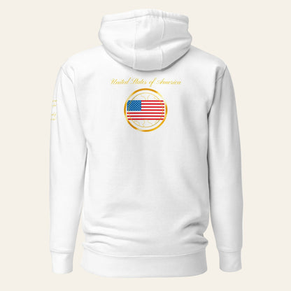 USA Trinity unisex fitted pullover hoodie in white, back view — World Reps Apparel