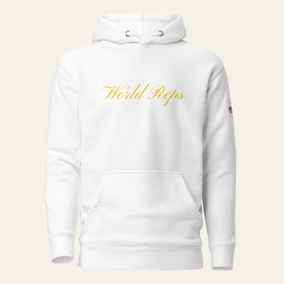 USA Legacy unisex fitted pullover hoodie in white, front view — World Reps Apparel