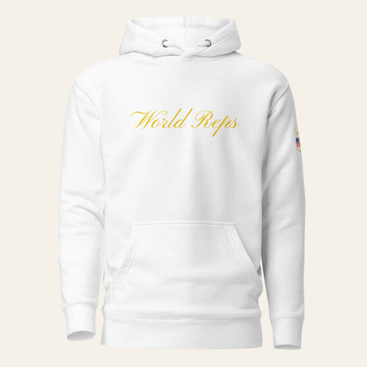 USA Legacy unisex fitted pullover hoodie in white, front view — World Reps Apparel