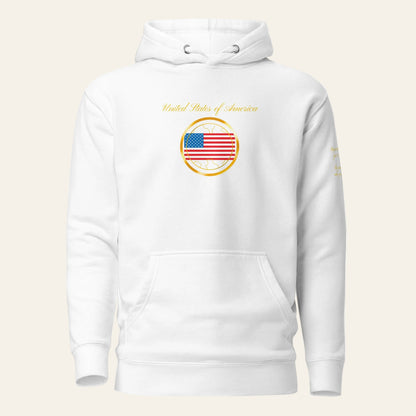 USA Patriot unisex fitted pullover hoodie in white, front view — World Reps Apparel