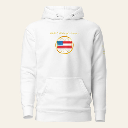 USA Patriot unisex fitted pullover hoodie in white, front view — World Reps Apparel