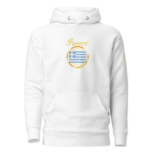 Greece Patriot unisex fitted pullover hoodie in white, front view — World Reps Apparel
