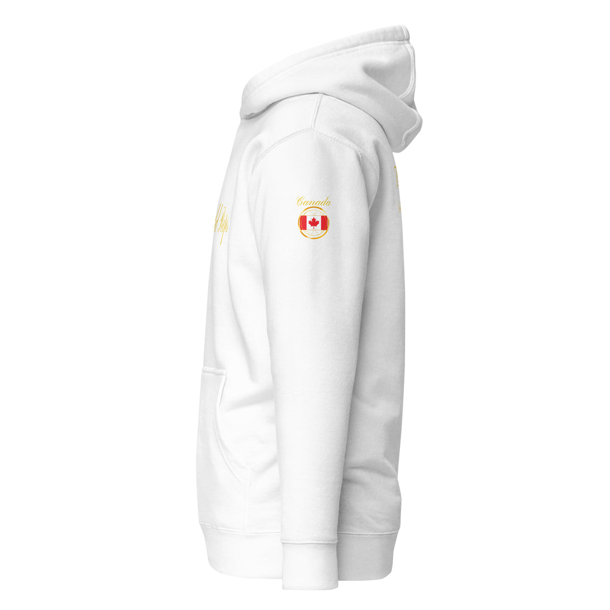 Canada Legacy unisex fitted pullover hoodie in white, left side view — World Reps Apparel