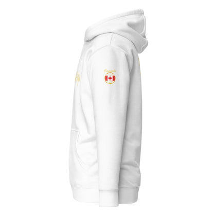 Canada Legacy unisex fitted pullover hoodie in white, left side view — World Reps Apparel
