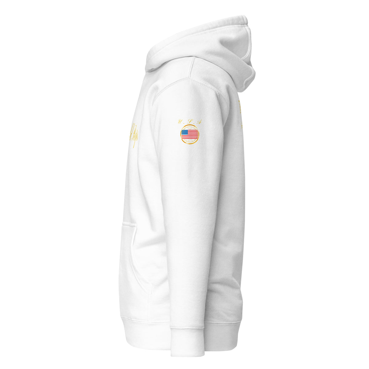 USA Legacy unisex fitted pullover hoodie in white, left side view — World Reps Apparel