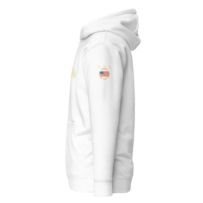 USA Legacy unisex fitted pullover hoodie in white, left side view — World Reps Apparel