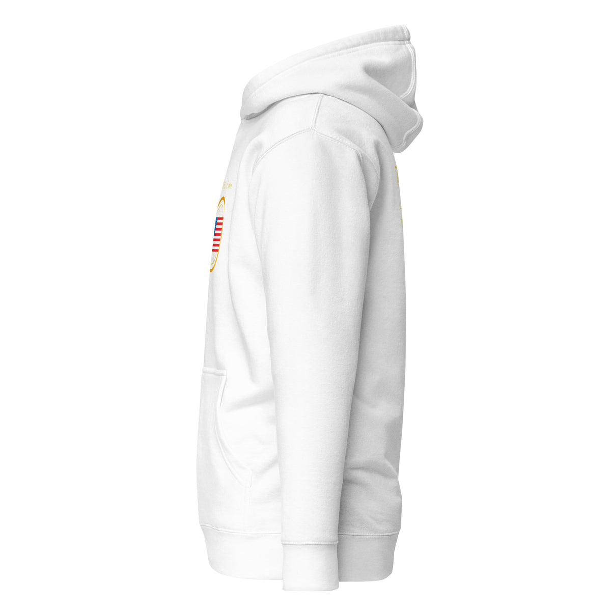 USA Unity unisex fitted pullover hoodie in white, left side view — World Reps Apparel