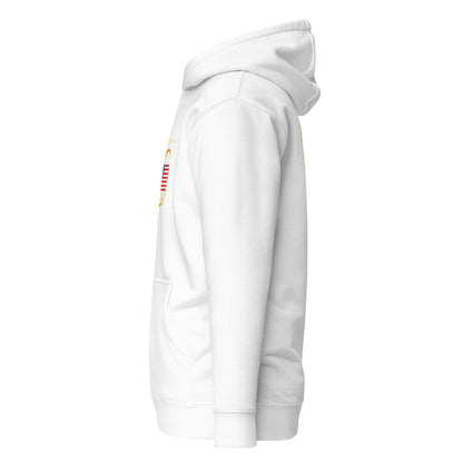 USA Unity unisex fitted pullover hoodie in white, left side view — World Reps Apparel