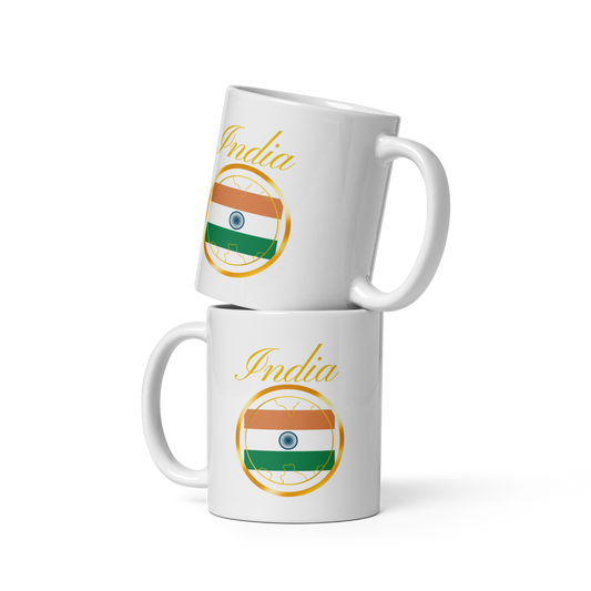 India double-sided ceramic mug, 11 oz in white, front view — World Reps Apparel