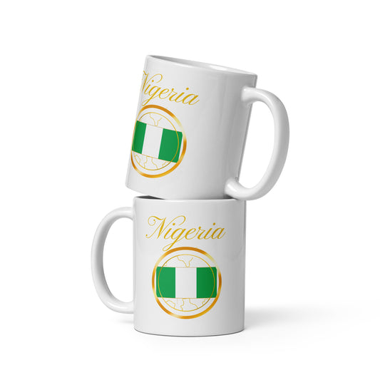 Nigeria double-sided ceramic mug, 11 oz in white, front view — World Reps Apparel