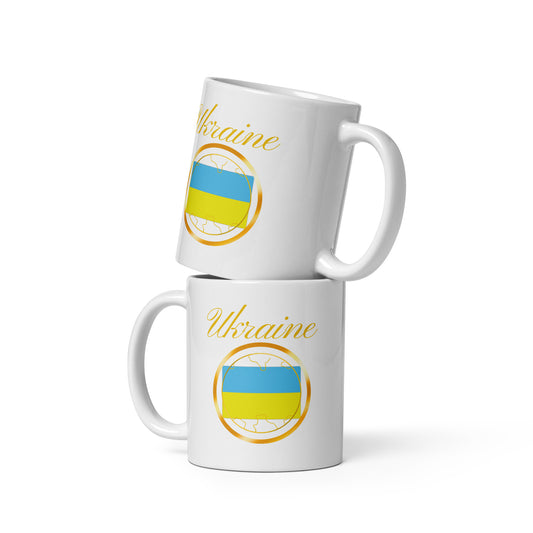 Ukraine double-sided ceramic mug, 11 oz in white, front view — World Reps Apparel