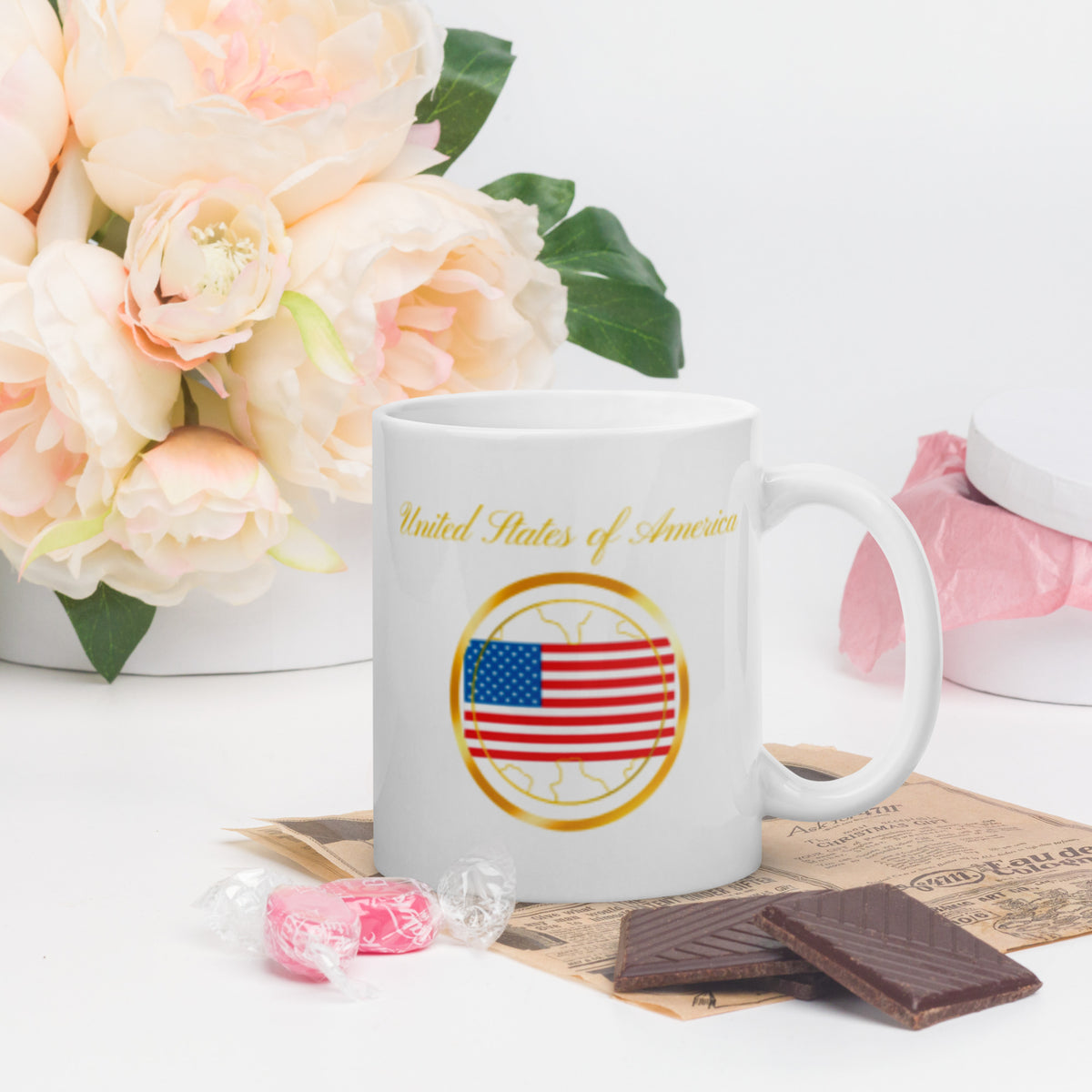 USA flag double-sided ceramic mug, 11 oz, handle on the right — World Reps Apparel